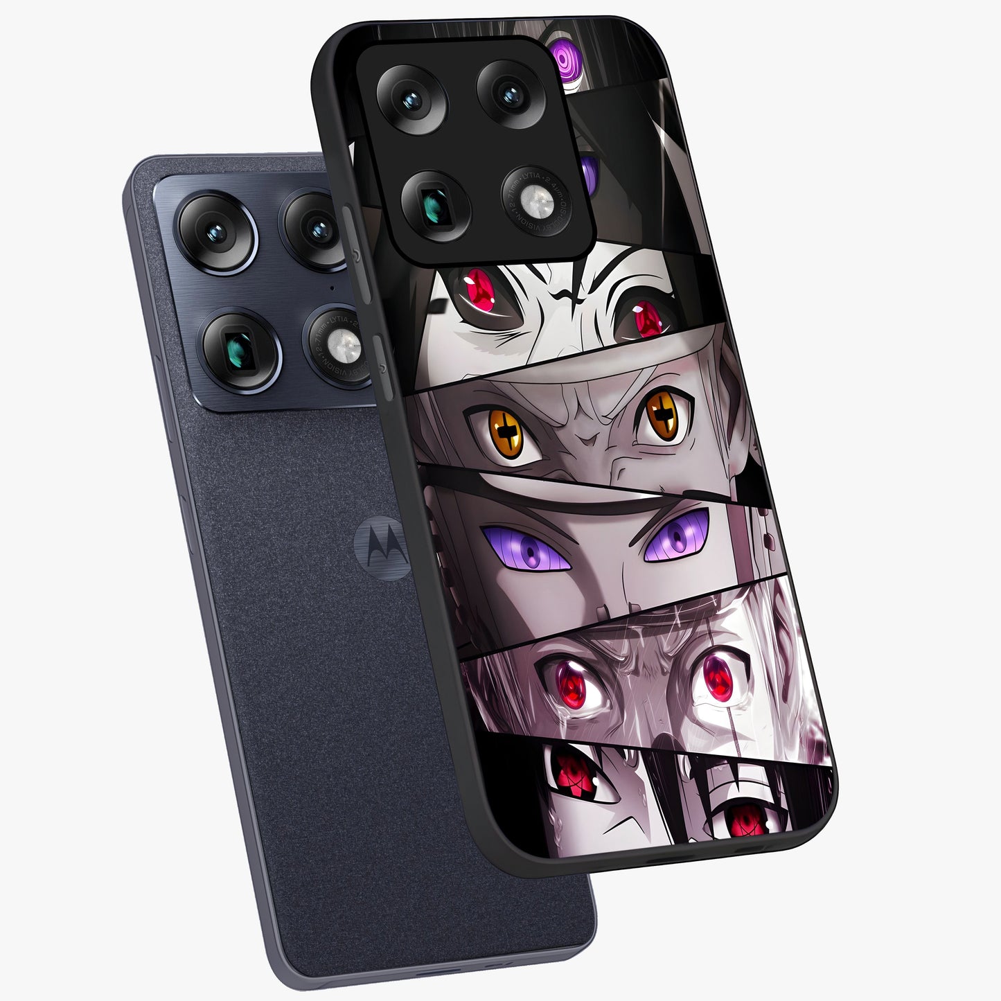 Eyes of Destiny Glass Case displayed in angled mockup highlighting bold eye illustration with mystical aesthetic style.