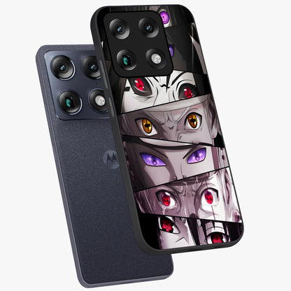 Eyes of Destiny Glass Case displayed in angled mockup highlighting bold eye illustration with mystical aesthetic style.