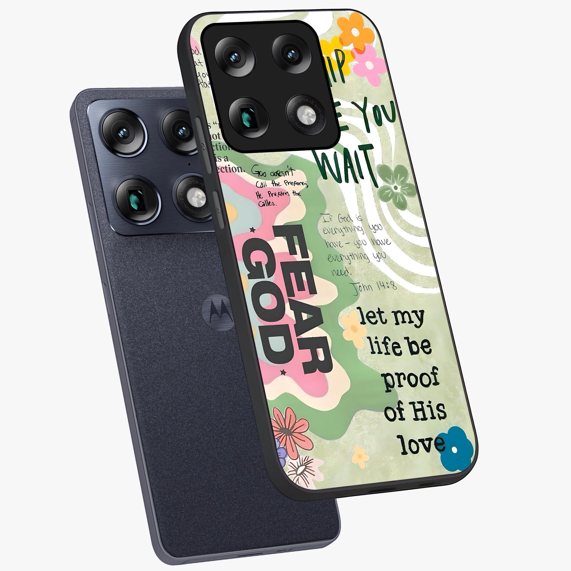 Faith Over Fear Glass Case displayed in angled mockup highlighting inspirational message design with modern aesthetic style.