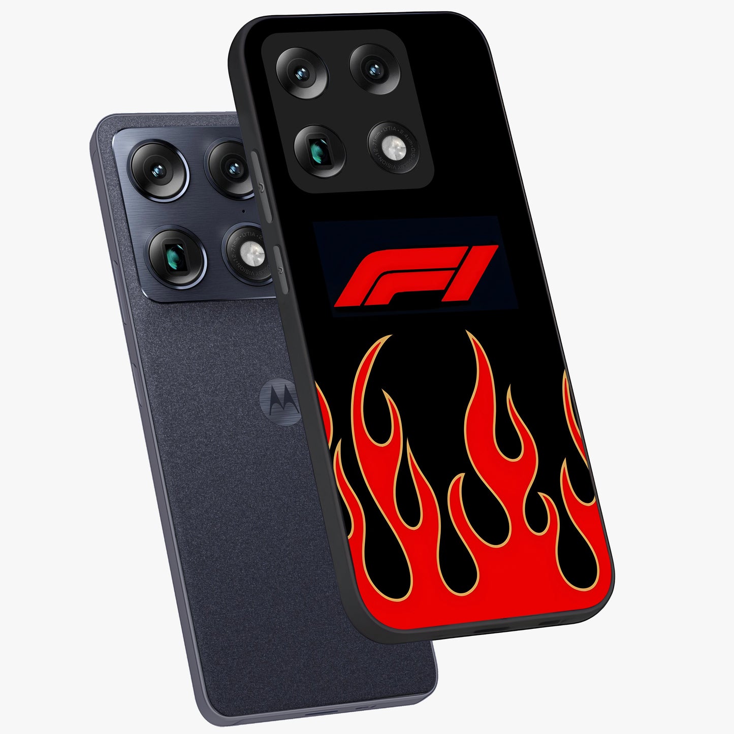 Fire F11 Glass Case displayed in angled mockup highlighting bold fire inspired graphic with energetic aesthetic style.