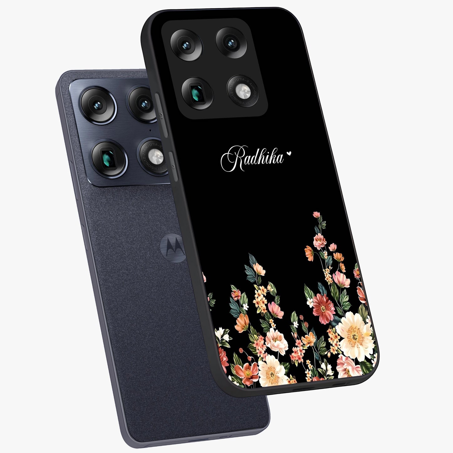 Floral Design With a Custom Personalized Name Glass Case displayed in angled mockup highlighting elegant floral pattern with custom name feature.