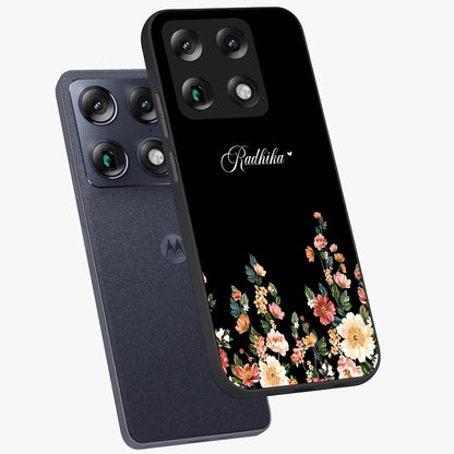 Floral Design With a Custom Personalized Name Glass Case displayed in angled mockup highlighting elegant floral pattern with custom name feature.