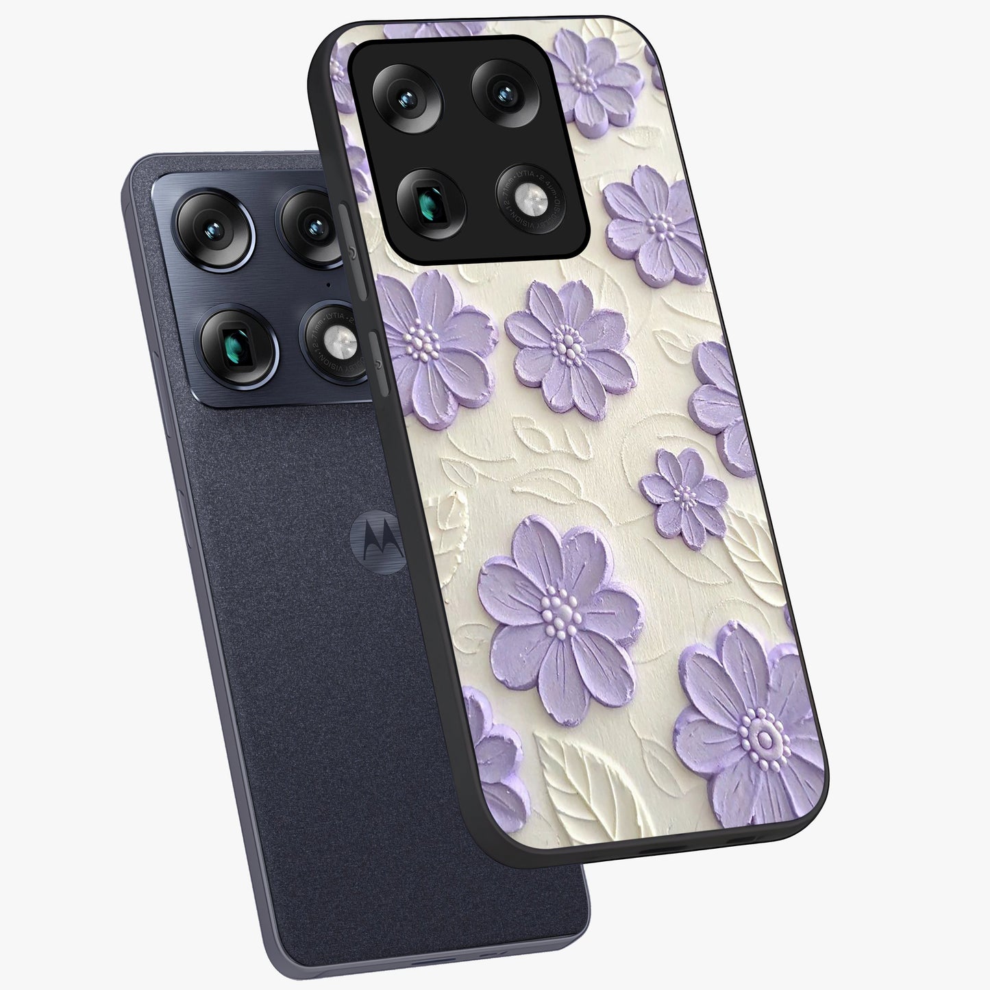 Floral Wall Art With Purple Flowers Glass Case displayed in angled mockup highlighting vibrant purple floral illustration with artistic aesthetic.