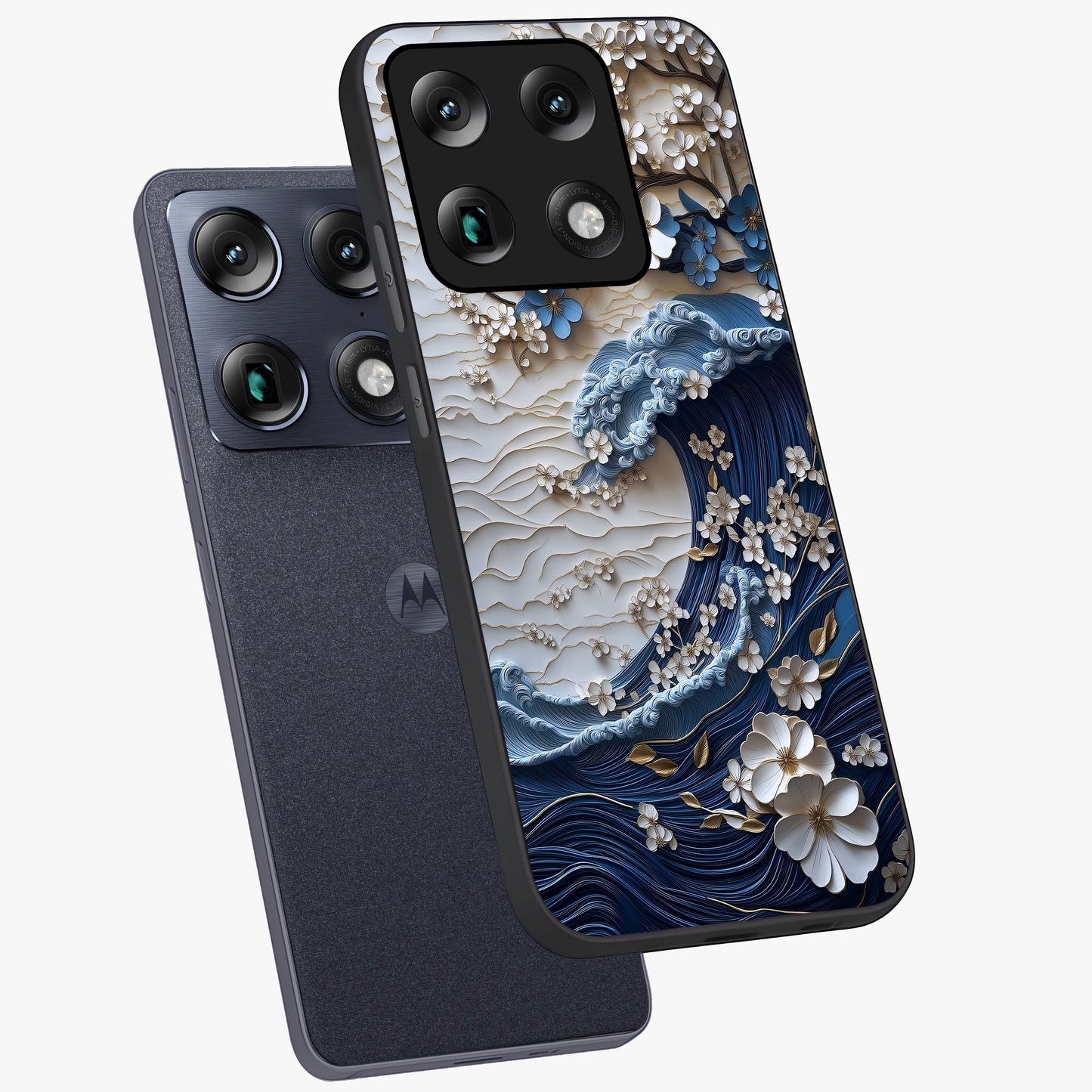 Floral Wave Origami Glass Case displayed in angled mockup highlighting geometric origami flower design with modern aesthetic style.