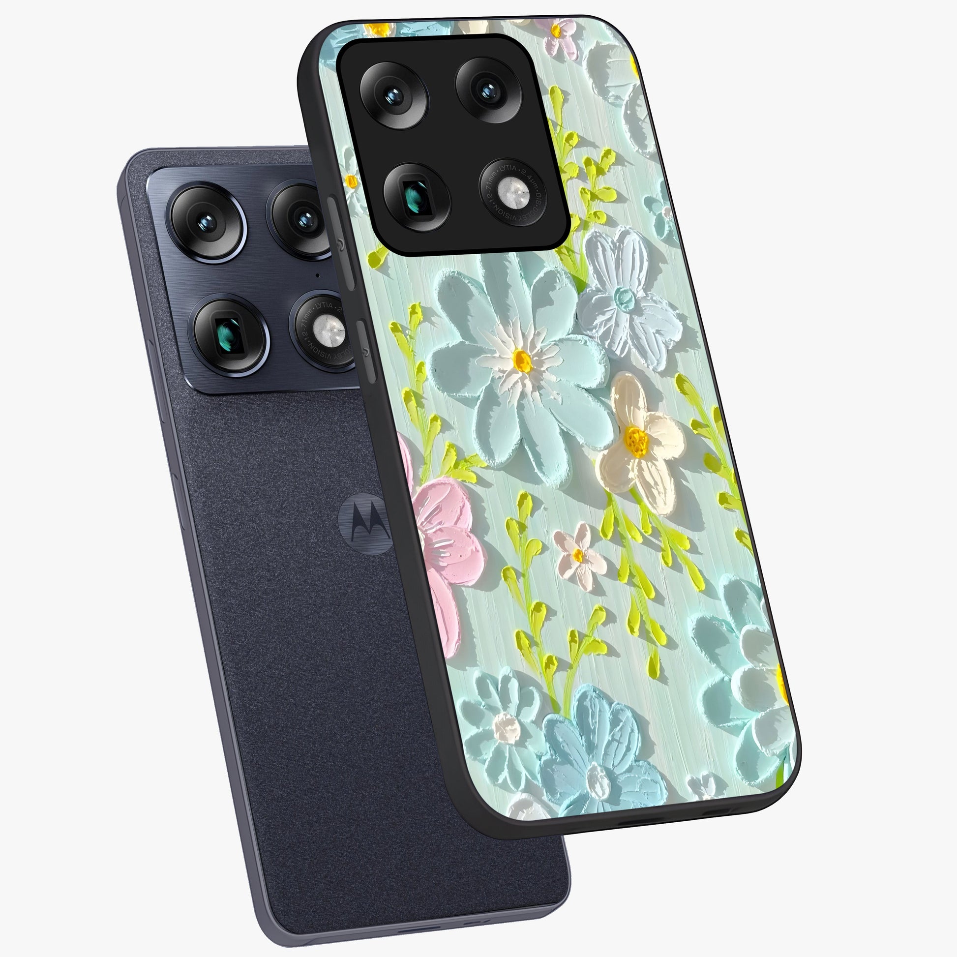 Frosted Petal Garden Glass Case displayed in angled mockup highlighting delicate flower petal design with calm garden aesthetic.