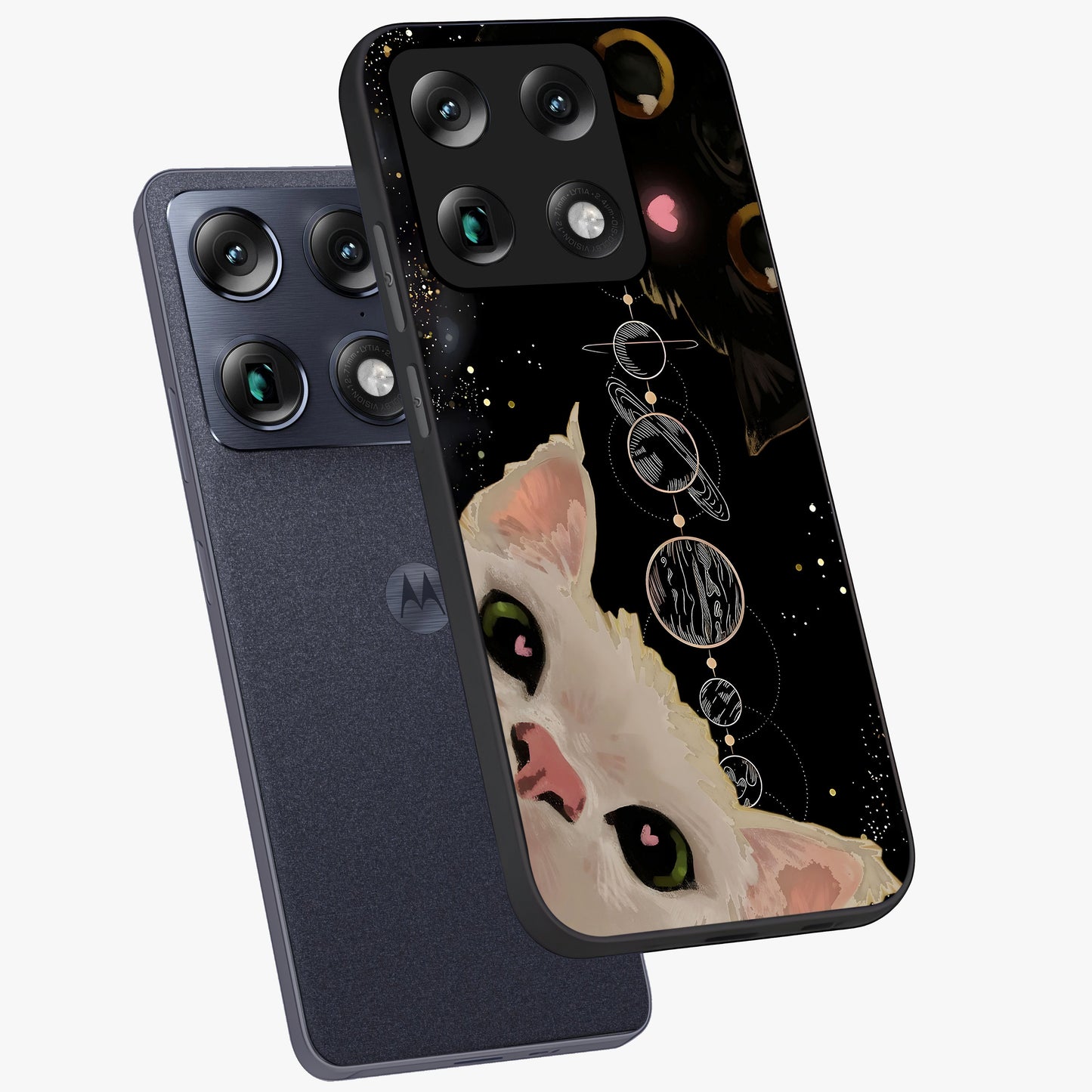 Galactic Cat Glass Case displayed in angled mockup highlighting celestial feline illustration with galaxy aesthetic style.