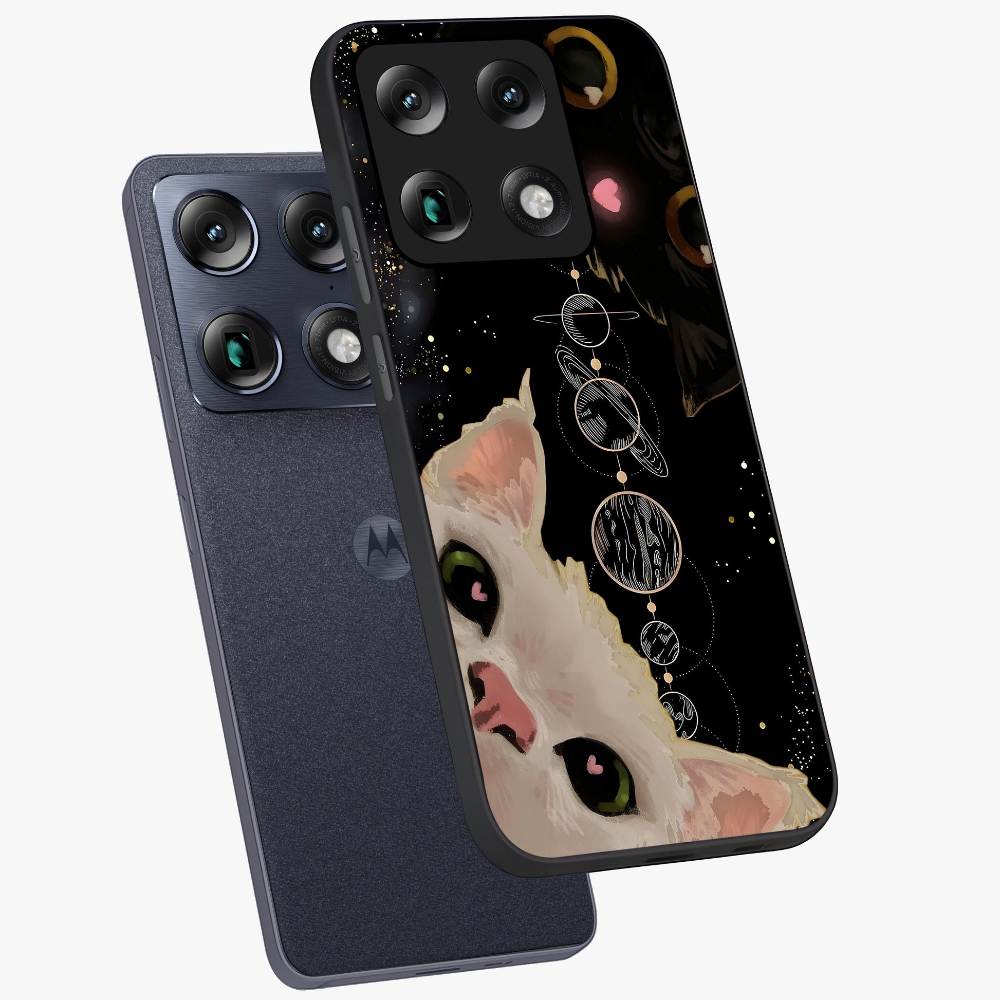 Galactic Cat Glass Case displayed in angled mockup highlighting celestial feline illustration with galaxy aesthetic style.