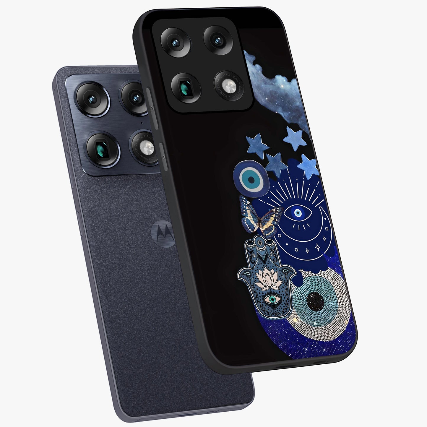 Galactic Charm Cluster Glass Case displayed in angled mockup highlighting luminous galaxy inspired design with dreamy aesthetic.