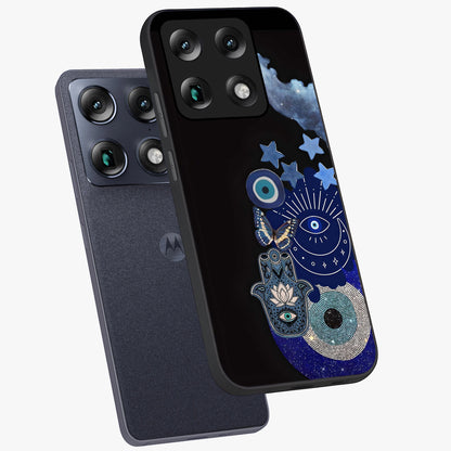 Galactic Charm Cluster Glass Case displayed in angled mockup highlighting luminous galaxy inspired design with dreamy aesthetic.