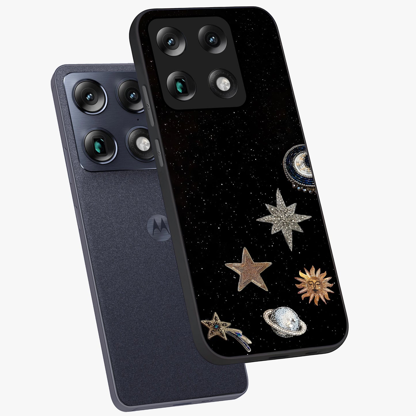 Galactic Charm Glow Glass Case displayed in angled mockup highlighting luminous galaxy inspired design with dreamy aesthetic.