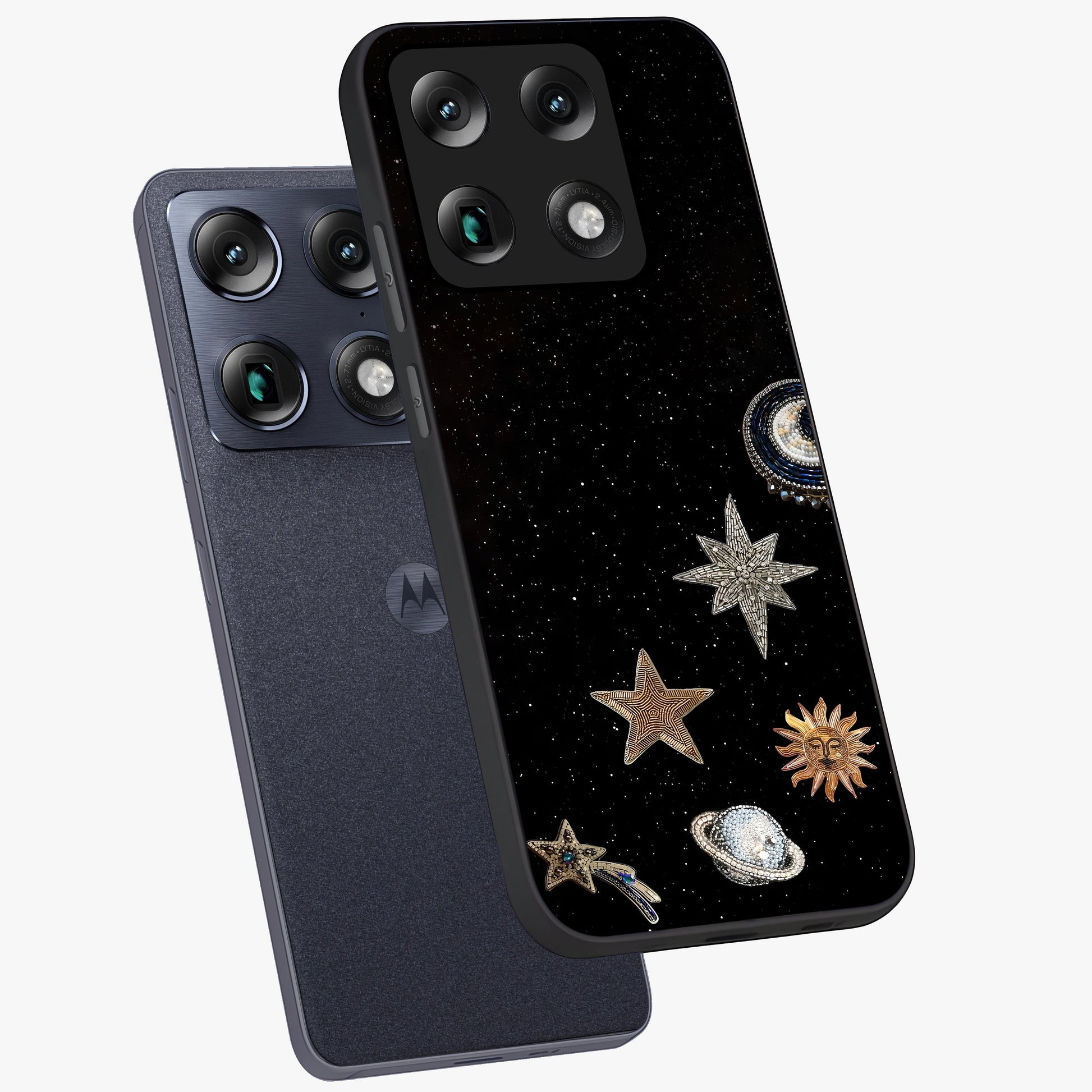 Galactic Charm Glow Glass Case displayed in angled mockup highlighting luminous galaxy inspired design with dreamy aesthetic.