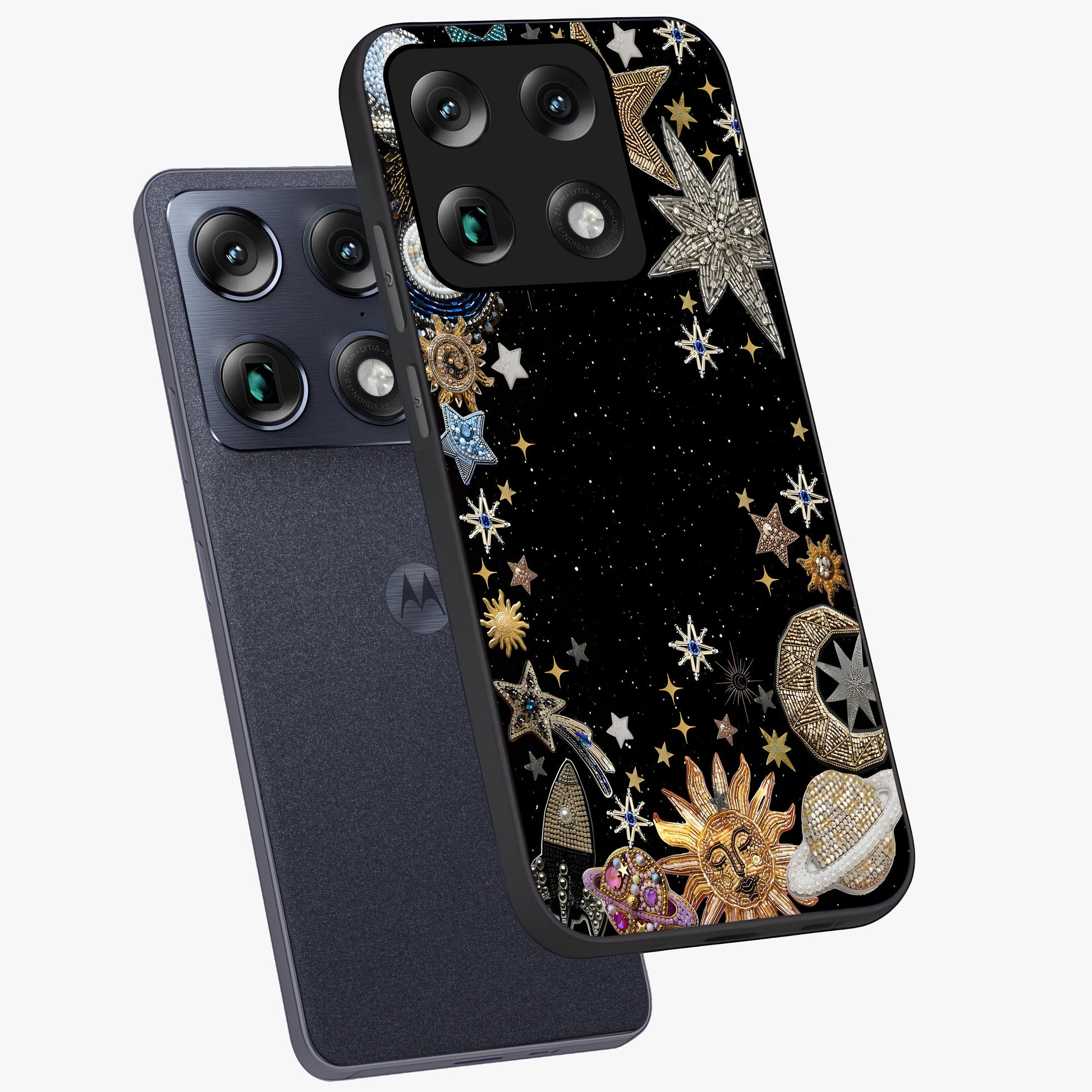 Galactic Jewel Stars Glass Case displayed in angled mockup highlighting shining celestial star design with cosmic aesthetic style.