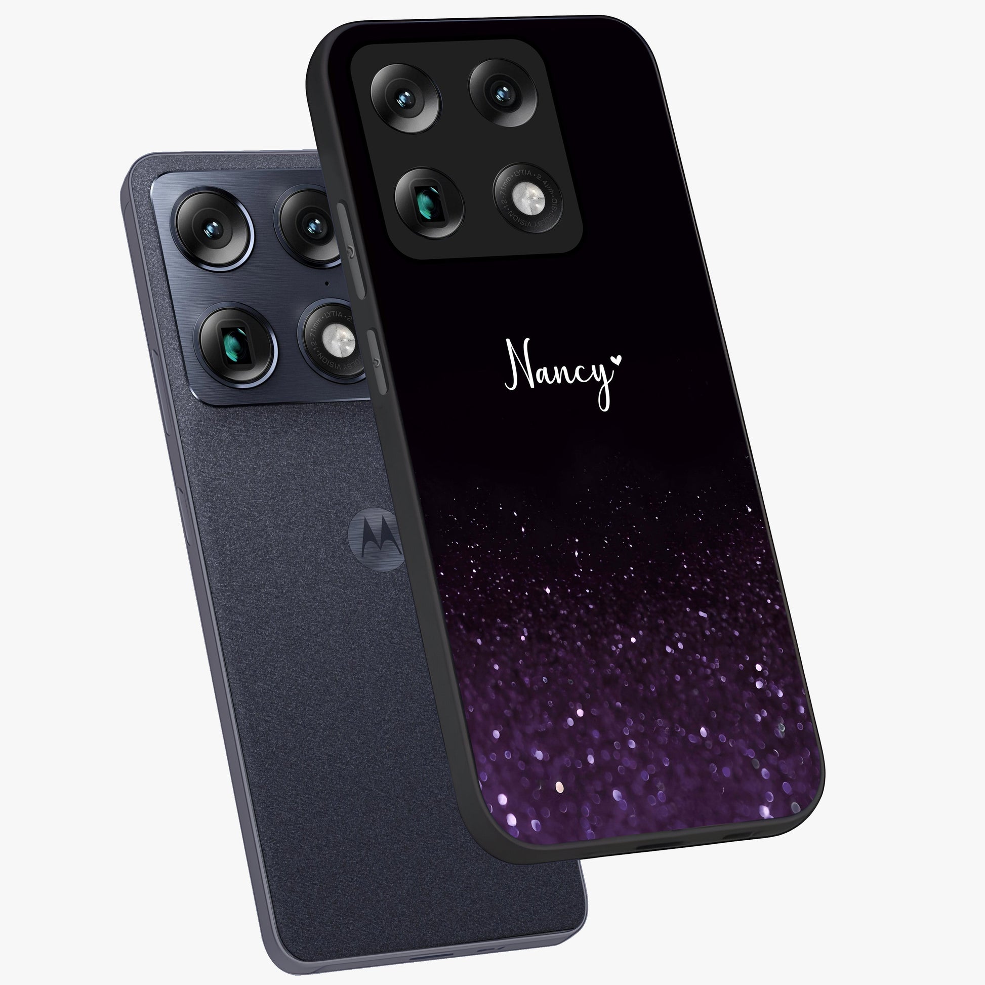 Glittery Purple Bokeh Custom Name Glass Case displayed in angled mockup highlighting glitter bokeh pattern with custom name feature.