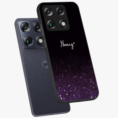 Glittery Purple Bokeh Custom Name Glass Case displayed in angled mockup highlighting glitter bokeh pattern with custom name feature.