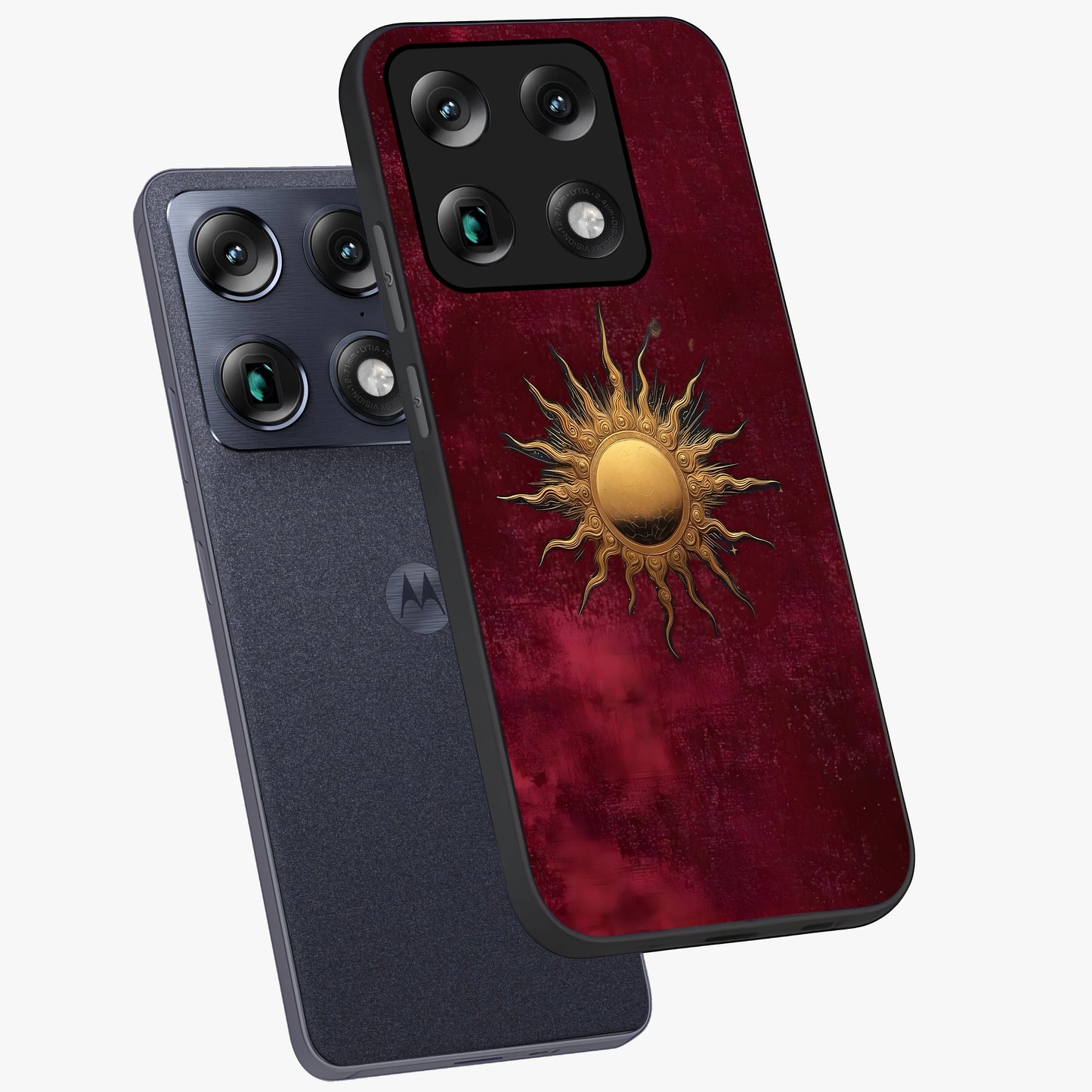 Golden Sun Minimalism Glass Case displayed in angled mockup highlighting clean sun symbol design with modern minimal aesthetic.