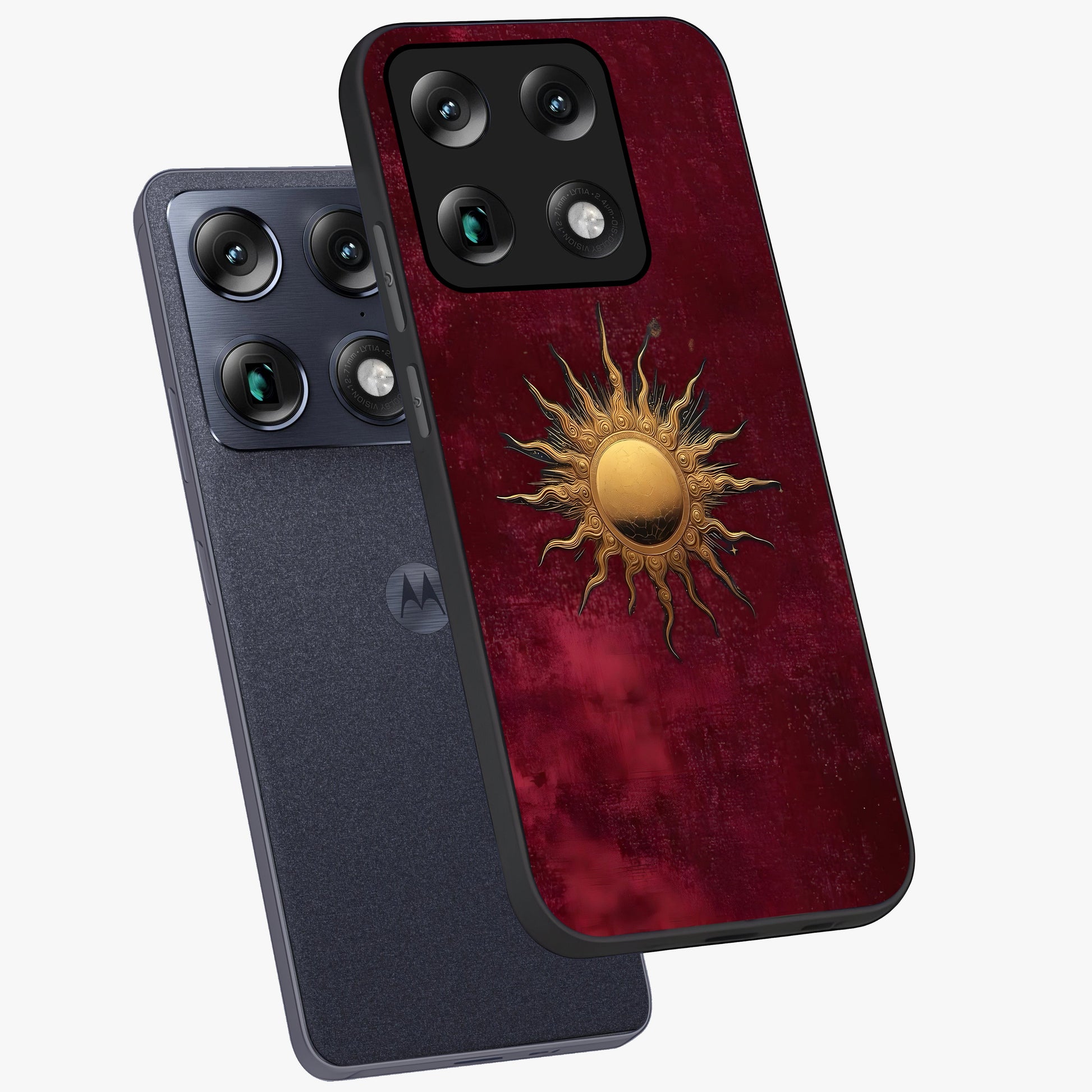 Golden Sun Minimalism Glass Case displayed in angled mockup highlighting clean sun symbol design with modern minimal aesthetic.