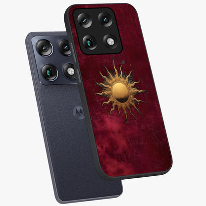Golden Sun Minimalism Glass Case displayed in angled mockup highlighting clean sun symbol design with modern minimal aesthetic.