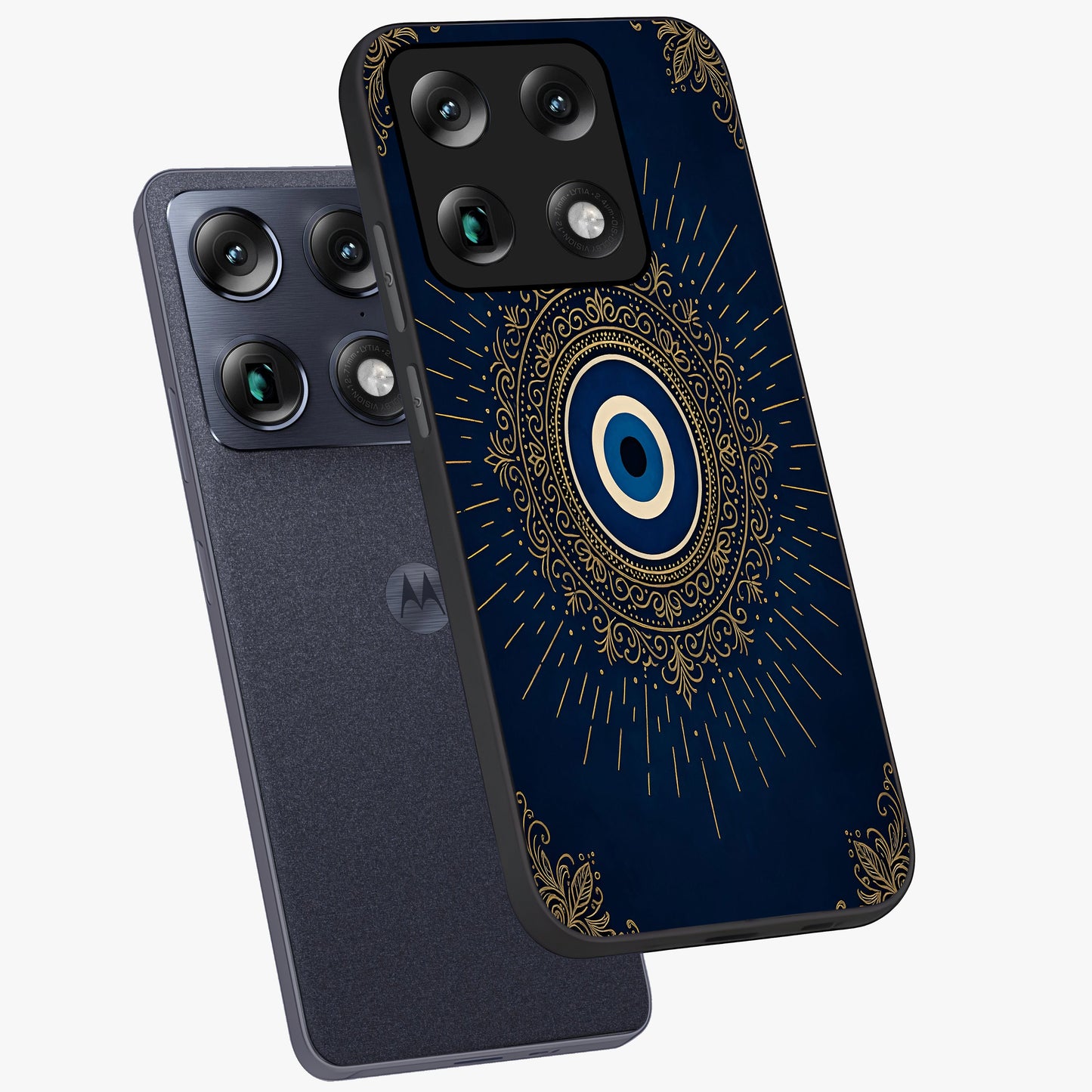 Golden Celestial Charm Glass Case displayed in angled mockup highlighting sparkling cosmic charm design with celestial aesthetic.