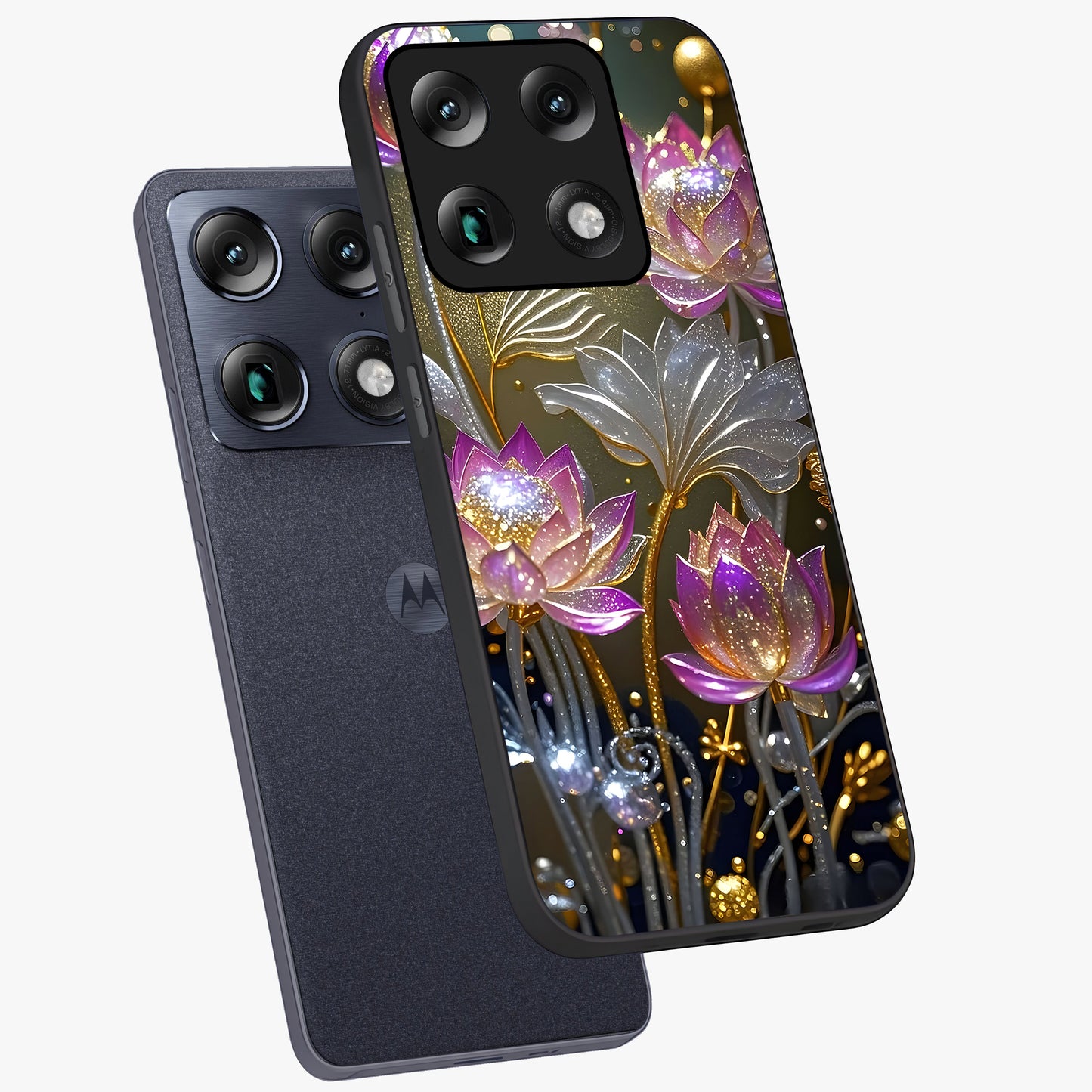 Golden Floral Majesty Glass Case displayed in angled mockup highlighting elegant flower design with royal golden aesthetic.