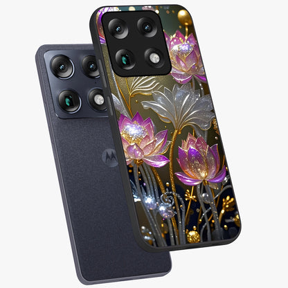 Golden Floral Majesty Glass Case displayed in angled mockup highlighting elegant flower design with royal golden aesthetic.