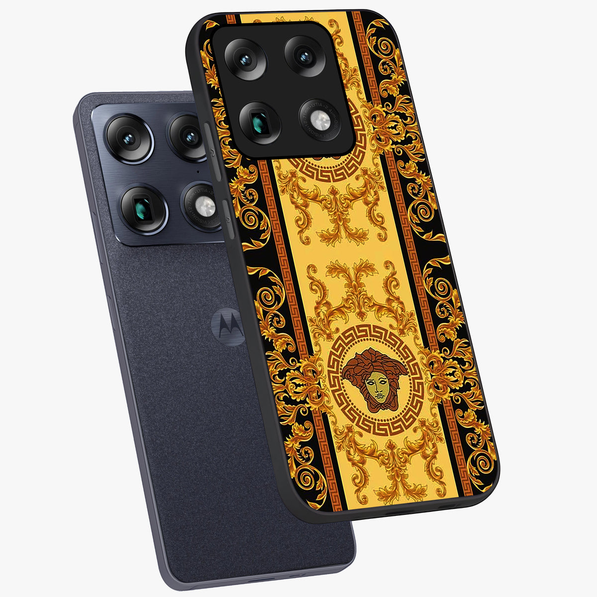 Golden Lotus Glow Glass Case displayed in angled mockup highlighting radiant lotus illustration with spiritual aesthetic.