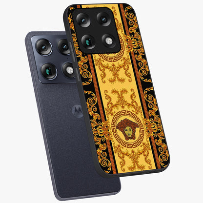 Golden Lotus Glow Glass Case displayed in angled mockup highlighting radiant lotus illustration with spiritual aesthetic.