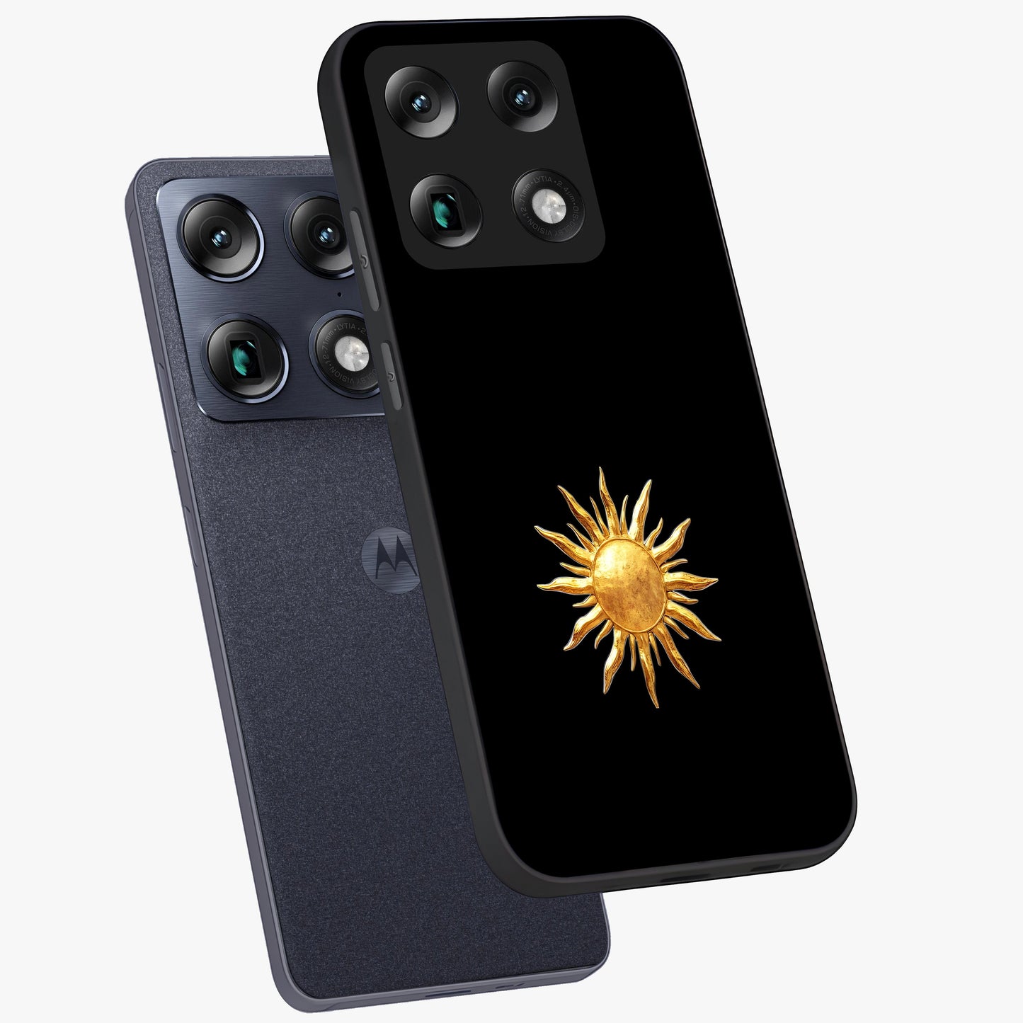 Golden Sun Minimalism Glass Case displayed in angled mockup highlighting eerie shadow illustration with gothic aesthetic.