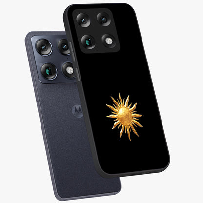 Golden Sun Minimalism Glass Case displayed in angled mockup highlighting eerie shadow illustration with gothic aesthetic.