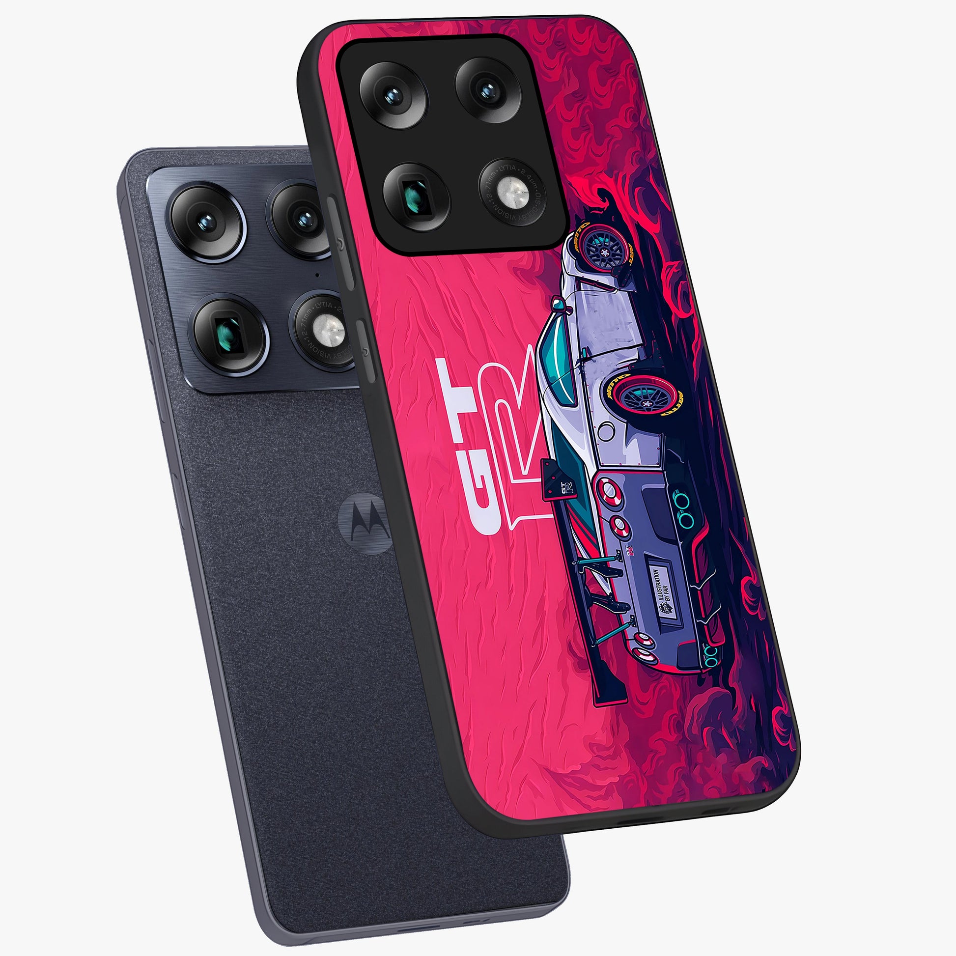 GT-R Car Pattern Glass Case displayed in angled mockup highlighting racing car graphic design with bold automotive aesthetic.