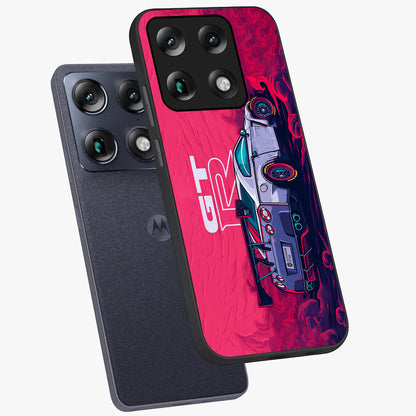 GT-R Car Pattern Glass Case displayed in angled mockup highlighting racing car graphic design with bold automotive aesthetic.