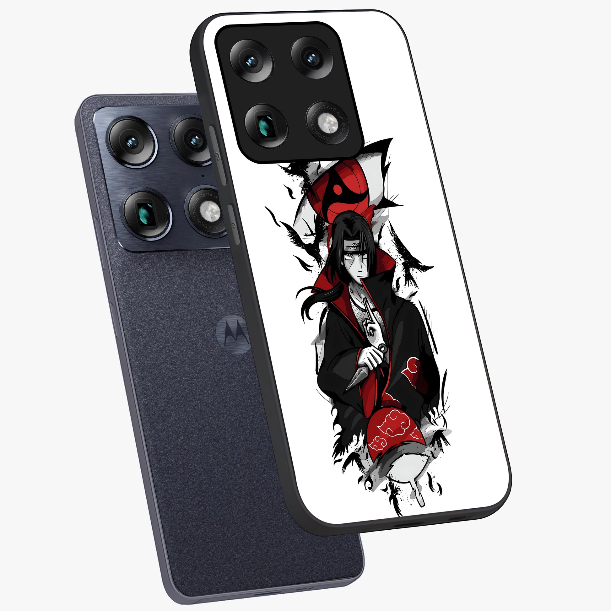Itachi Limited Edition Naruto Anime Glass Case displayed in angled mockup highlighting dramatic anime illustration with bold action aesthetic.