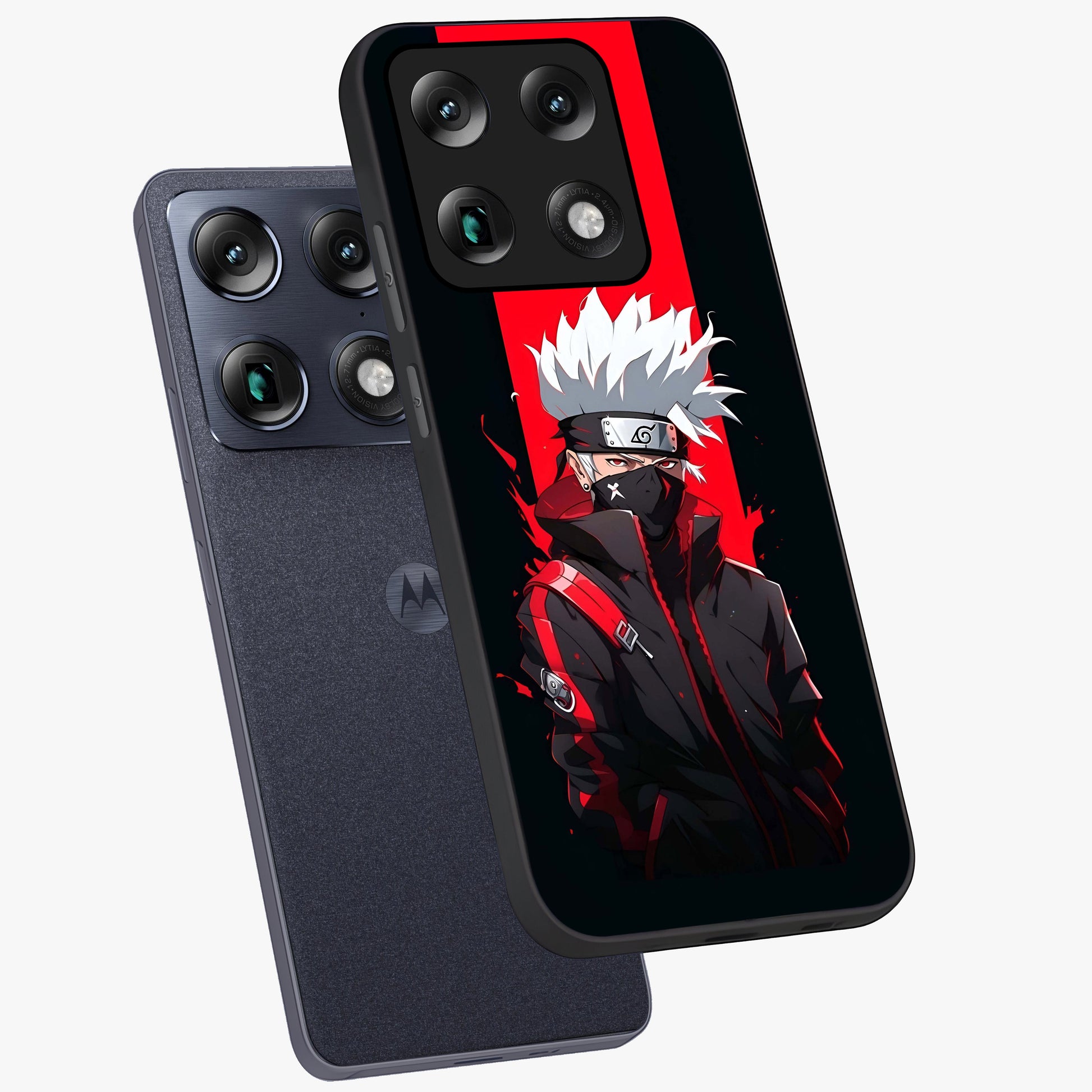 Kakashi Scarlet Shadow Glass Case displayed in angled mockup highlighting dramatic ninja illustration with scarlet themed aesthetic.