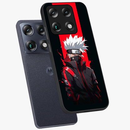 Kakashi Scarlet Shadow Glass Case displayed in angled mockup highlighting dramatic ninja illustration with scarlet themed aesthetic.