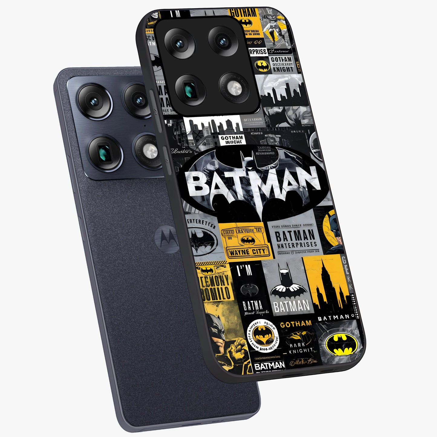 Knight Gotham Rise Glass Case displayed in angled mockup highlighting powerful knight silhouette design with dramatic aesthetic.
