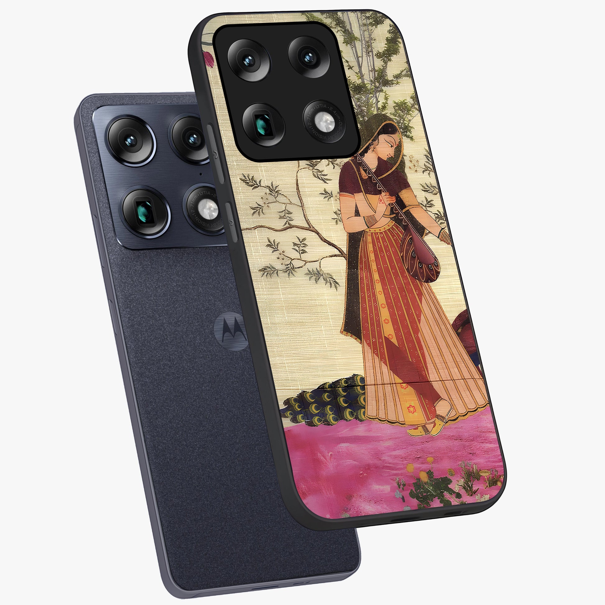 Lady With Veena Art Glass Case displayed in angled mockup highlighting graceful musical illustration with cultural artistic aesthetic.
