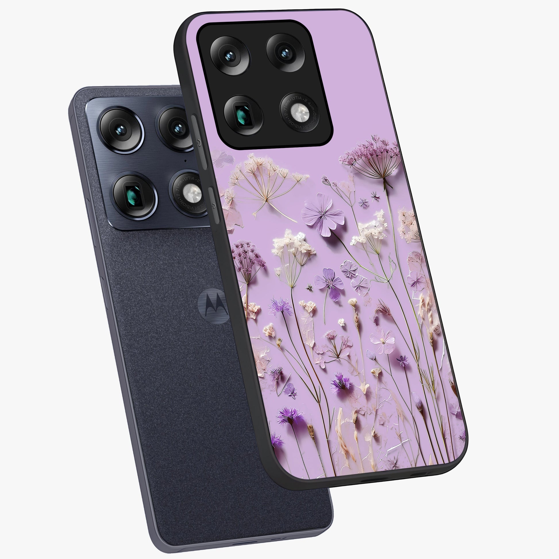 Lavender Blossom Dream Glass Case displayed in angled mockup highlighting dreamy lavender flower design with calming aesthetic style.