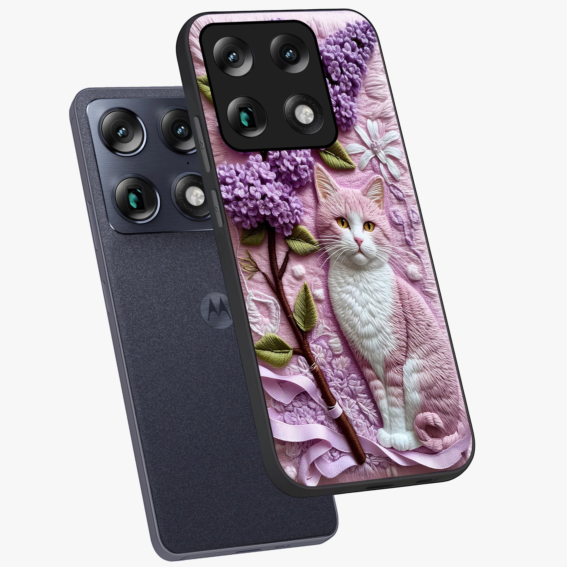 Lavender Cat Whimsy Glass Case displayed in angled mockup highlighting playful feline illustration with pastel lavender aesthetic.