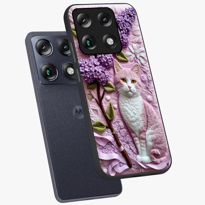 Lavender Cat Whimsy Glass Case displayed in angled mockup highlighting playful feline illustration with pastel lavender aesthetic.