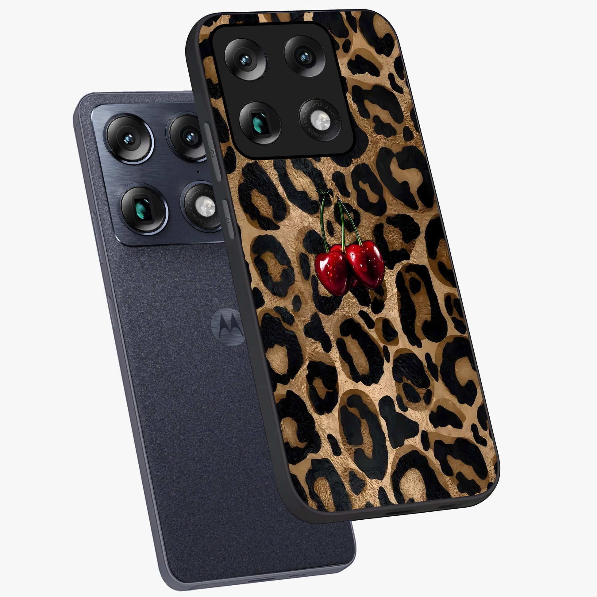 Leopard Wild Cherry Glass Case displayed in angled mockup highlighting bold animal print design with playful cherry aesthetic.