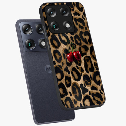 Leopard Wild Cherry Glass Case displayed in angled mockup highlighting bold animal print design with playful cherry aesthetic.