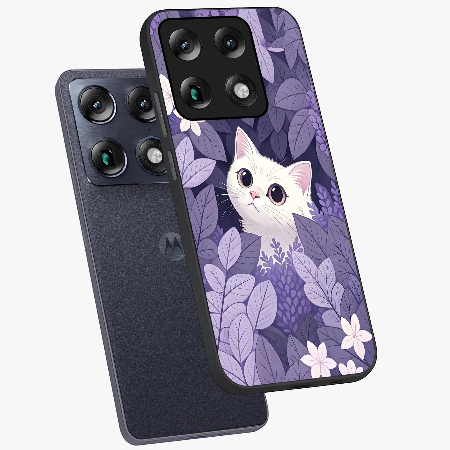 Lilac Hide Peek Cat Glass Case displayed in angled mockup highlighting playful feline illustration with lilac aesthetic design.