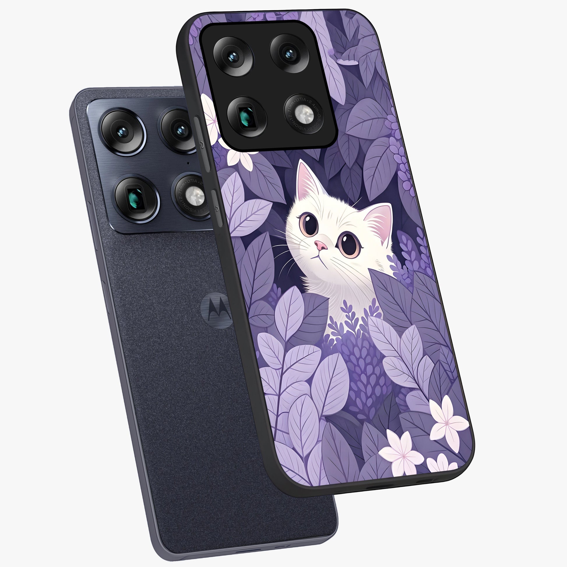 Lilac Hide Peek Cat Glass Case displayed in angled mockup highlighting playful feline illustration with lilac aesthetic design.