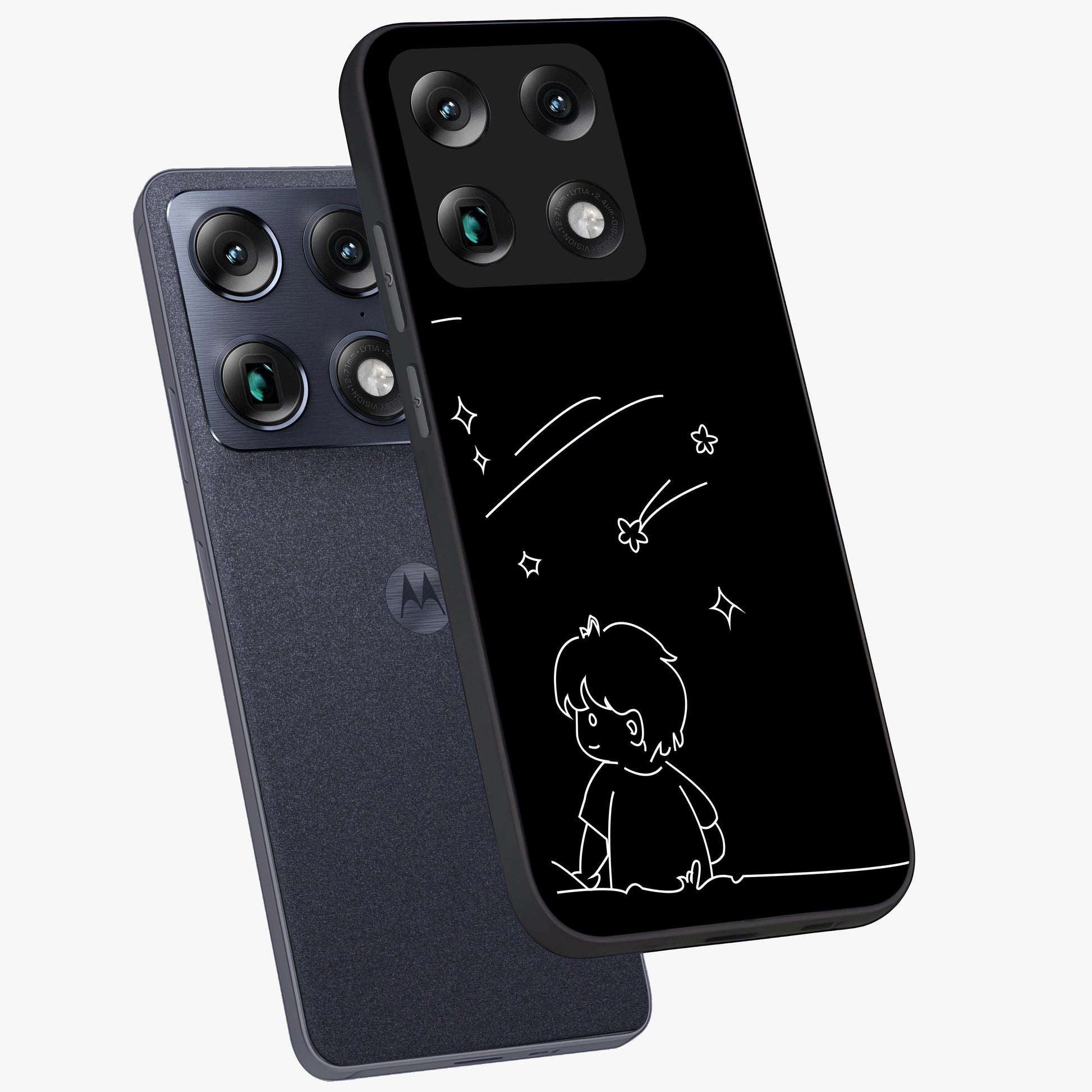 Line Art Boy With Shooting Stars Glass Case displayed in angled mockup highlighting elegant line art design with dreamy star aesthetic.