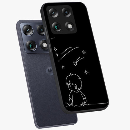 Line Art Boy With Shooting Stars Glass Case displayed in angled mockup highlighting elegant line art design with dreamy star aesthetic.