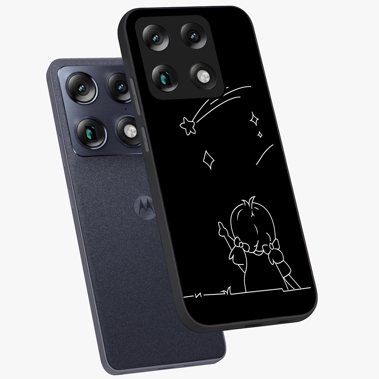 Line Art Girl With Shooting Stars Glass Case displayed in angled mockup highlighting elegant line art design with dreamy star aesthetic.