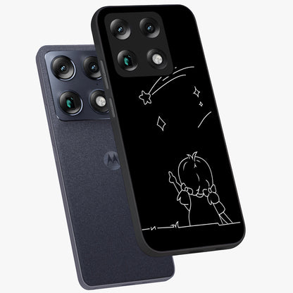 Line Art Girl With Shooting Stars Glass Case displayed in angled mockup highlighting elegant line art design with dreamy star aesthetic.