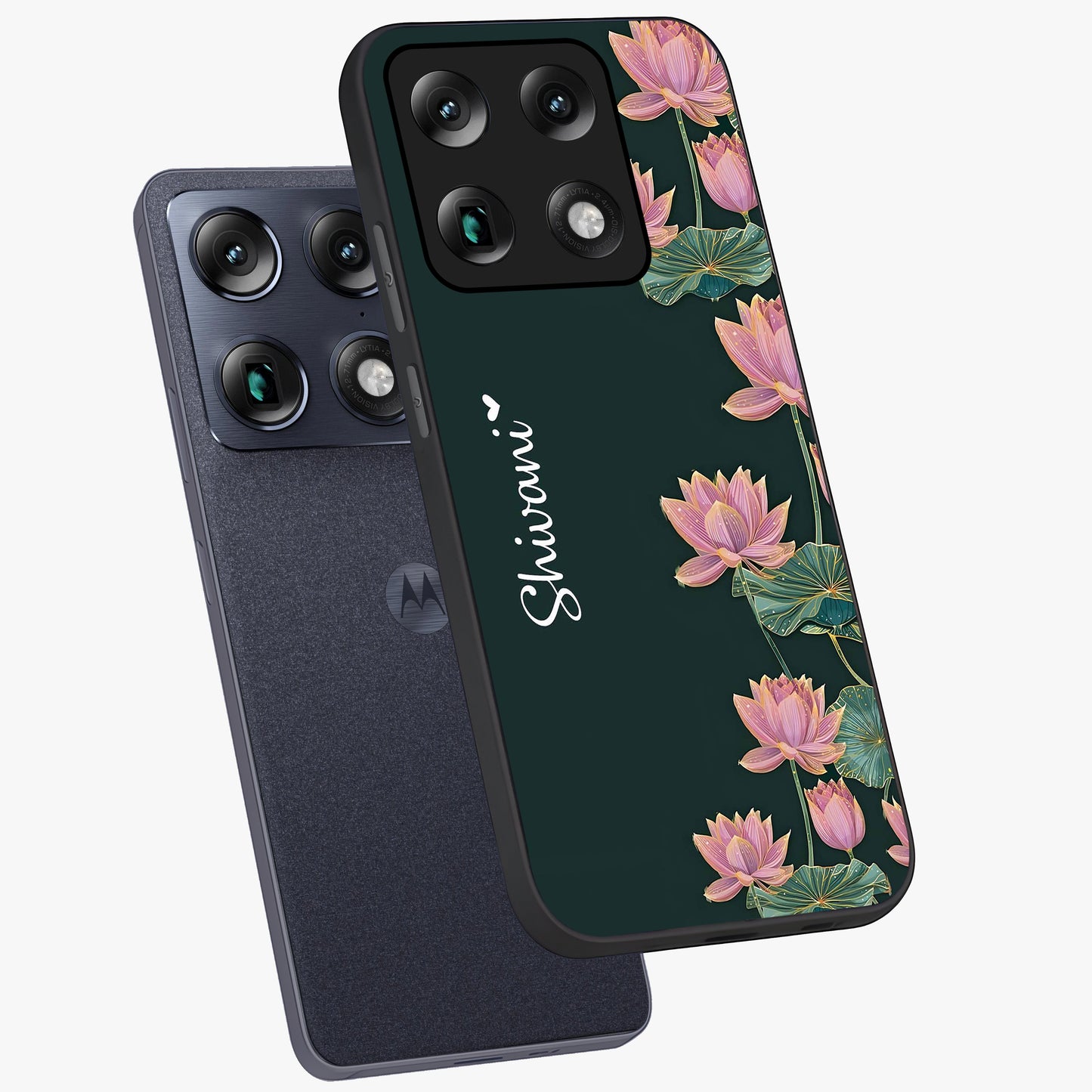 Lotus Bloom Serenity Custom Name Glass Case displayed in angled mockup highlighting graceful lotus illustration with custom name feature.