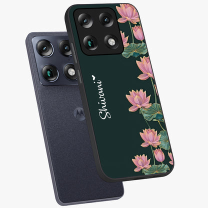 Lotus Bloom Serenity Custom Name Glass Case displayed in angled mockup highlighting graceful lotus illustration with custom name feature.