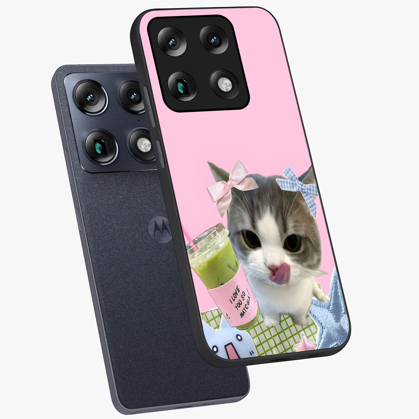 Love Matcha Cat Glass Case displayed in angled mockup highlighting playful feline illustration with cozy matcha aesthetic.