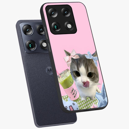 Love Matcha Cat Glass Case displayed in angled mockup highlighting playful feline illustration with cozy matcha aesthetic.